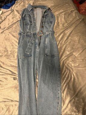 Fashion Nova Light Blue Denim Jumpsuit with Belt